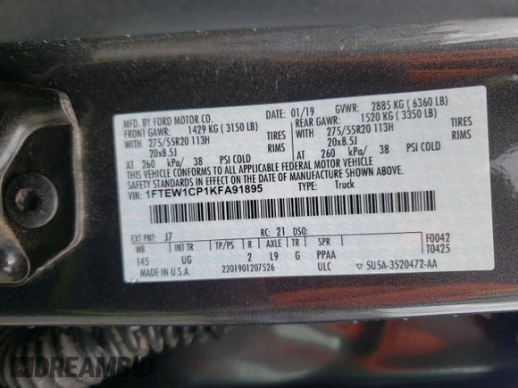 2019 Ford F-150 XL with VIN 1FTEW1CP1KFA91895, listed as a Copart auction lot 47678635 with 130,978 mi miles and Salvage Title. Bid and sale history available at carsss.com. Image 12.