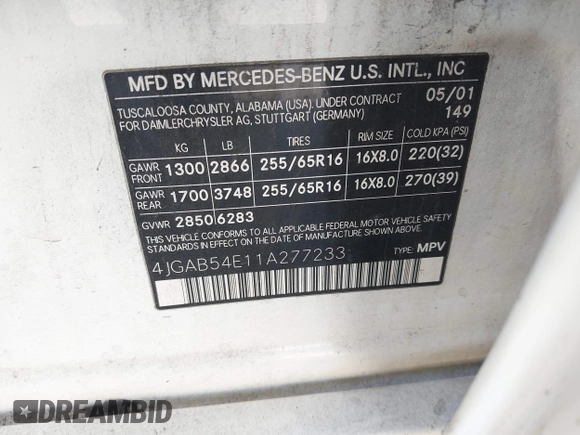 2001 Mercedes-Benz M 320/430/500 with VIN 4JGAB54E11A277233, listed as a IAAI auction lot 42519040 with 307,219 mi miles and . Bid and sale history available at DreamBid. Image 9.