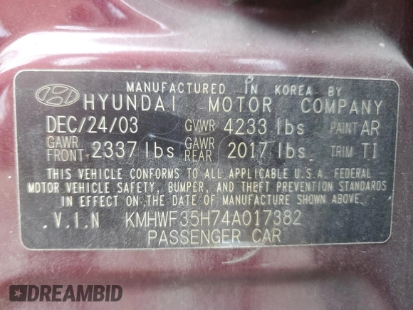 2004 Hyundai Sonata GLS with VIN KMHWF35H74A017382, listed as a Copart auction lot 72923264 with 117,730 mi miles and Salvage Title. Bid and sale history available at carsss.com. Image 12.