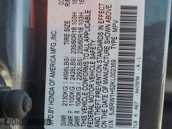 2019 Honda CR-V EX with VIN 5J6RW1H52KL002369, listed as a Copart auction lot 49259555 with 143,225 mi miles and Salvage Title. Bid and sale history available at carsss.com. Image 13.
