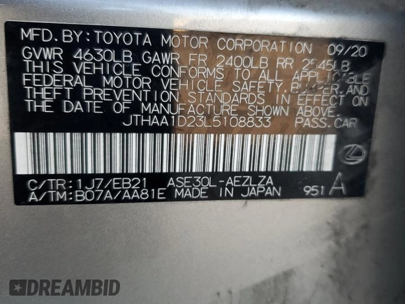 2020 Lexus IS 300 with VIN JTHAA1D23L5108833, listed as a Copart auction lot 50543425 with 60,429 mi miles and Salvage title. Bid and sale history available at DreamBid. Image 12.