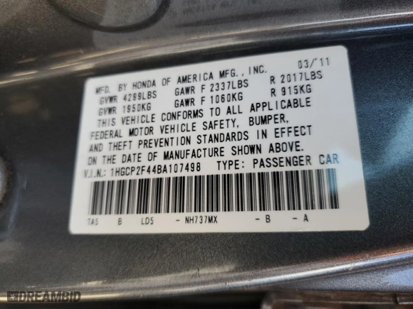 2011 Honda Accord Sdn LX-P with VIN 1HGCP2F44BA107498, listed as a Copart auction lot 53074515 with 182,398 mi miles and Salvage Title. Bid and sale history available at carsss.com. Image 13.