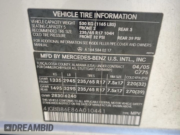 2006 Mercedes-Benz M 350 with VIN 4JGBB86E86A010441, listed as a Copart auction lot 54656245 with 236,121 mi miles and Salvage Title. Bid and sale history available at DreamBid. Image 13.