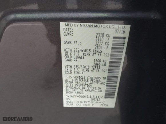 2016 Nissan Murano S with VIN 5N1AZ2MG6GN113182, listed as a IAAI auction lot 41733734 with 154,616 mi miles. Bid and sale history available at carsss.com. Image 9.