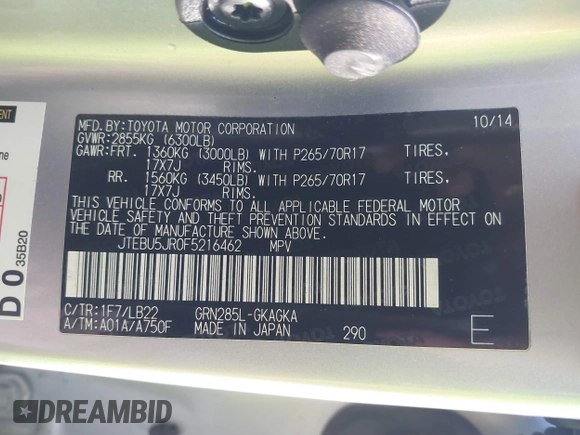 2015 Toyota 4Runner Limited with VIN JTEBU5JR0F5216462, listed as a IAAI auction lot 41665409 with 100,447 mi miles and . Bid and sale history available at carsss.com. Image 9.