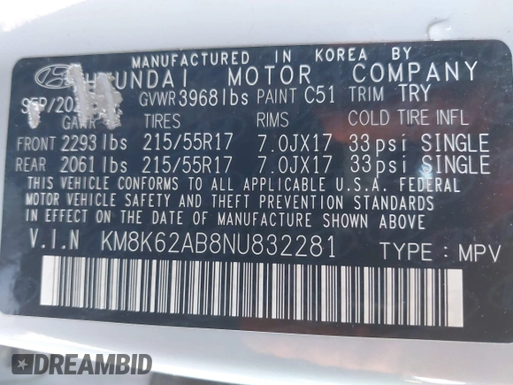 2022 Hyundai Kona SEL with VIN KM8K62AB8NU832281, listed as a IAAI auction lot 40632207 with 70,885 mi miles and . Bid and sale history available at DreamBid. Image 9.