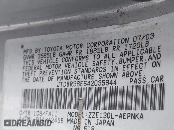 2004 Toyota Corolla CE with VIN JTDBR38E642035944, listed as a IAAI auction lot 42173263 with 119,302 mi miles. Bid and sale history available at carsss.com. Image 9.