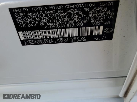 2020 Lexus IS 300 with VIN JTHDA1D26L5106278, listed as a Copart auction lot 72035814 with 39,359 mi miles and Salvage title. Bid and sale history available at DreamBid. Image 14.