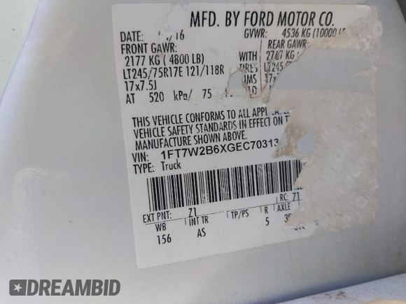 2016 Ford F-250 Lariat with VIN 1FT7W2B6XGEC70313, listed as a IAAI auction lot 40381548 with Not provided miles and . Bid and sale history available at DreamBid. Image 9.