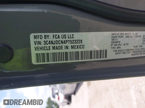 2023 Jeep Compass Limited с VIN 3C4NJDCN4PT523228, выставлен на аукционе IAAI как лот 42555447 с пробегом 57 684 миль миль и . История ставок и продаж доступна на DreamBid. Изображение 9.
