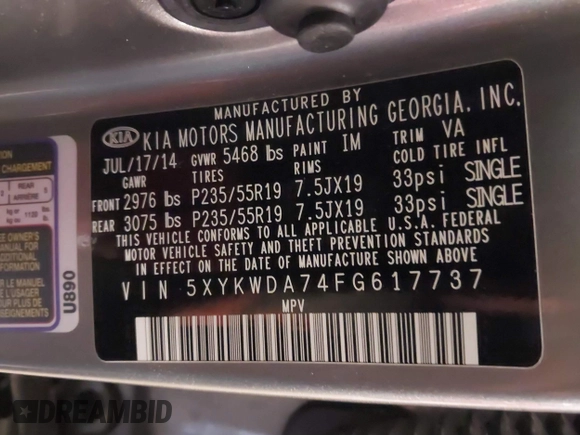 2015 Kia Sorento SX with VIN 5XYKWDA74FG617737, listed as a IAAI auction lot 41368050 with 96,763 mi miles. Bid and sale history available at carsss.com. Image 9.