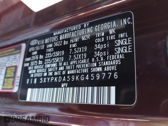 2019 Kia Sorento SX V6 with VIN 5XYPKDA59KG459776, listed as a IAAI auction lot 41602651 with 38,445 mi miles. Bid and sale history available at carsss.com. Image 9.