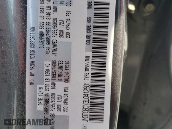 2020 Mazda CX-9 Touring with VIN JM3TCBCY3L0412801, listed as a Copart auction lot 63347355 with 110,374 mi miles and Salvage title. Bid and sale history available at DreamBid. Image 14.