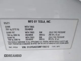 2021 Tesla Model Y Long Range with VIN 5YJYGAEE6MF196610, listed as a IAAI auction lot 41516909 with 30,431 mi miles. Bid and sale history available at carsss.com. Image 9.