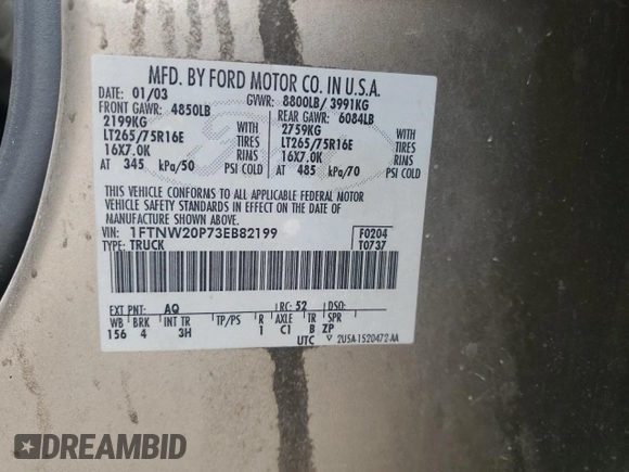 2003 Ford F-250 XL с VIN 1FTNW20P73EB82199, выставлен на аукционе Copart как лот 44218015 с пробегом Не указан миль и Списание • Salvage title. История ставок и продаж доступна на DreamBid. Изображение 13.