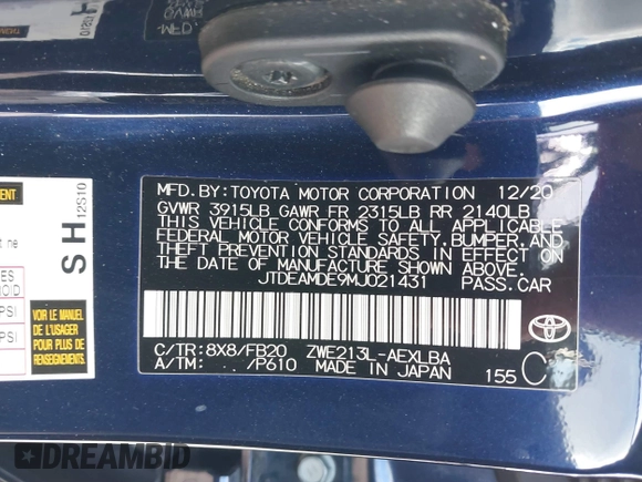 2021 Toyota Corolla Hybrid LE with VIN JTDEAMDE9MJ021431, listed as a IAAI auction lot 41747142 with 165,680 mi miles. Bid and sale history available at carsss.com. Image 9.