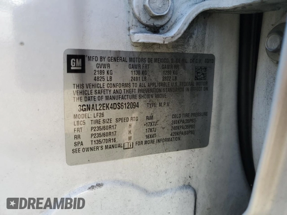 2013 Chevrolet Captiva Sport LS with VIN 3GNAL2EK4DS612094, listed as a Copart auction lot 70060054 with 170,723 mi miles and Salvage Title. Bid and sale history available at DreamBid. Image 13.