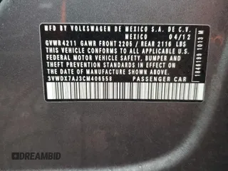 2012 Volkswagen Jetta SE with VIN 3VWDX7AJ3CM406558, listed as a Copart auction lot 47367825 with 163,613 mi miles and Salvage title. Bid and sale history available at DreamBid. Image 12.