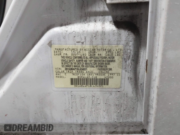 2011 Nissan Sentra 2.0 with VIN 3N1AB6AP1BL634021, listed as a IAAI auction lot 41395419 with 129,385 mi miles and . Bid and sale history available at DreamBid. Image 9.