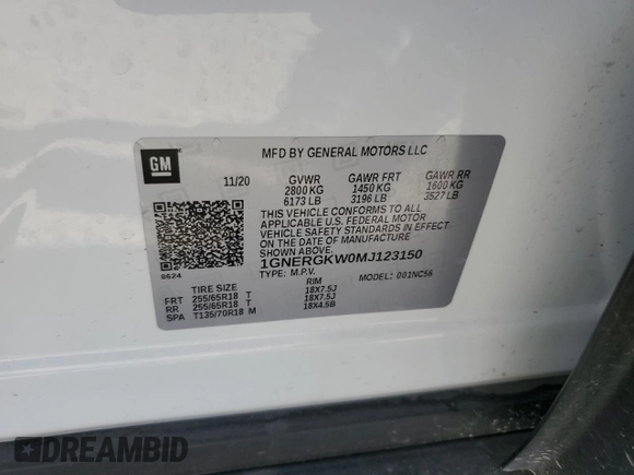 2021 Chevrolet Traverse LT Cloth with VIN 1GNERGKW0MJ123150, listed as a Copart auction lot 66660033 with 55,684 mi miles. Bid and sale history available at carsss.com. Image 14.