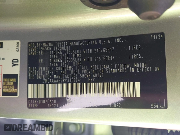 2024 Toyota Corolla Cross L with VIN 7MUAAAAG2RV116884, listed as a IAAI auction lot 42288475 with 10,539 mi miles and . Bid and sale history available at DreamBid. Image 9.