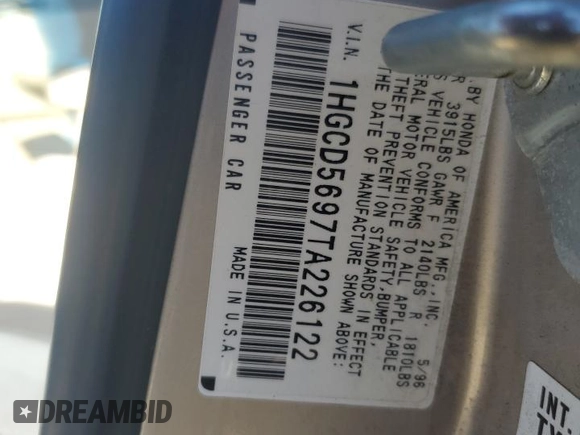 1996 Honda Accord Value with VIN 1HGCD5697TA226122, listed as a Copart auction lot 46810175 with 99,884 mi miles and Salvage Title. Bid and sale history available at DreamBid. Image 12.