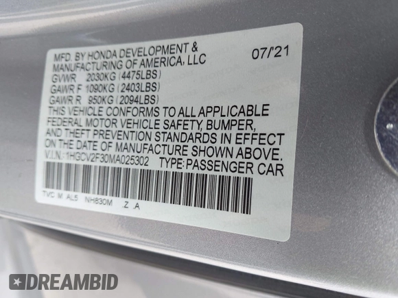 2021 Honda Accord Sport with VIN 1HGCV2F30MA025302, listed as a IAAI auction lot 42315840 with 88,798 mi miles and . Bid and sale history available at DreamBid. Image 9.