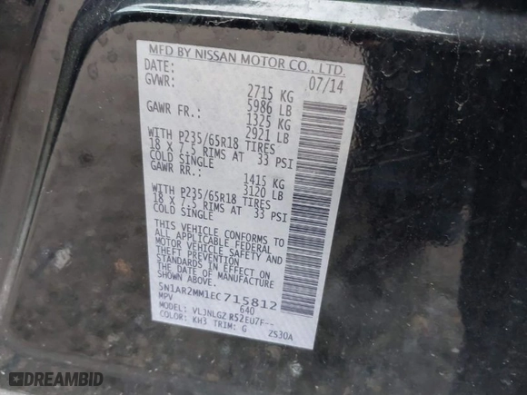 2014 Nissan Pathfinder SL with VIN 5N1AR2MM1EC715812, listed as a IAAI auction lot 41931093 with 156,786 mi miles. Bid and sale history available at carsss.com. Image 9.