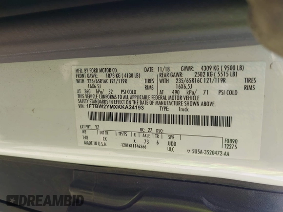 2019 Ford Transit with VIN 1FTBW2YMXKKA24193, listed as a IAAI auction lot 42175899 with 115,566 mi miles and . Bid and sale history available at DreamBid. Image 9.