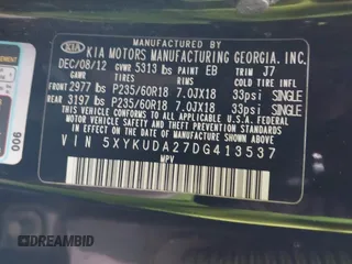2013 Kia Sorento EX with VIN 5XYKUDA27DG413537, listed as a IAAI auction lot 40991803 with 163,534 mi miles. Bid and sale history available at carsss.com. Image 9.