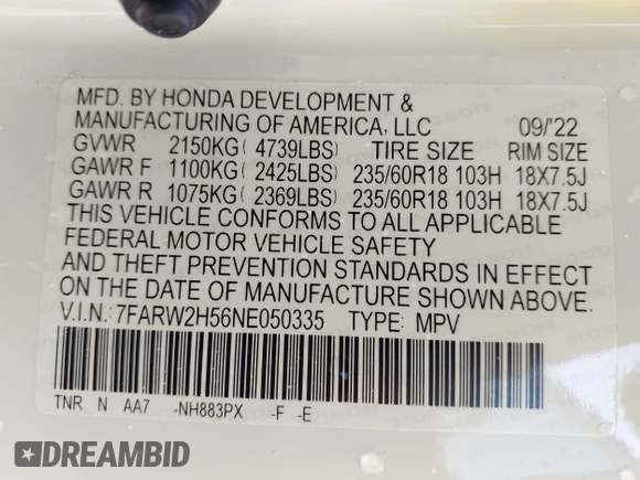 2022 Honda CR-V EX with VIN 7FARW2H56NE050335, listed as a IAAI auction lot 41932213 with 50,849 mi miles and . Bid and sale history available at DreamBid. Image 9.