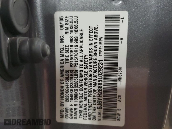 2005 Honda Element EX with VIN 5J6YH28685L029231, listed as a Copart auction lot 45673045 with 125,526 mi miles and Salvage Title. Bid and sale history available at DreamBid. Image 14.