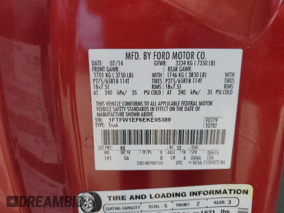 2014 Ford F-150 XL with VIN 1FTFW1EF6EKE95389, listed as a Copart auction lot 62187625 with 133,090 mi miles and Salvage title. Bid and sale history available at DreamBid. Image 13.