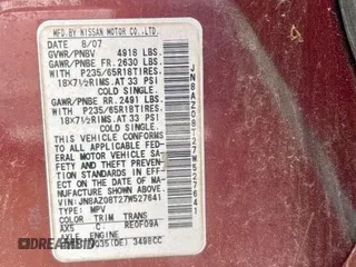 2007 Nissan Murano SL with VIN JN8AZ08T27W527641, listed as a Copart auction lot 56047425 with 121,670 mi miles and Salvage Title. Bid and sale history available at carsss.com. Image 10.