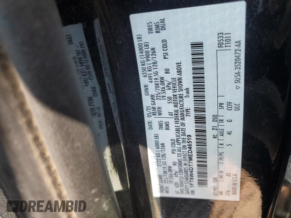 2021 Ford F-450 XL with VIN 1FT8W4DT7MED46519, listed as a Copart auction lot 59011875 with 71,152 mi miles and Salvage title. Bid and sale history available at DreamBid. Image 12.