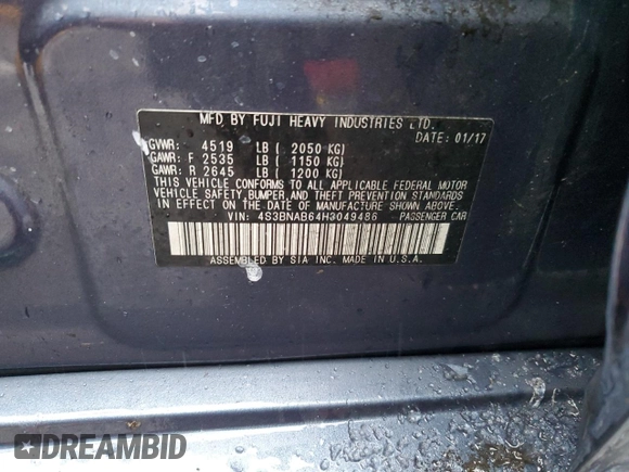 2017 Subaru Legacy with VIN 4S3BNAB64H3049486, listed as a Copart auction lot 44366295 with 119,804 mi miles and Salvage Title. Bid and sale history available at carsss.com. Image 12.