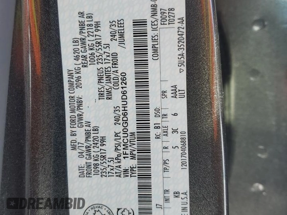 2017 Ford Escape SE with VIN 1FMCU0GD6HUD61260, listed as a Copart auction lot 45556065 with 100,383 mi miles and Clean Title. Bid and sale history available at carsss.com. Image 13.