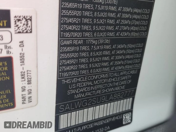 2020 Land Rover Range Rover Sport SE with VIN SALWG2SU9LA882777, listed as a Copart auction lot 61793525 with 80,607 mi miles and Clean title. Bid and sale history available at DreamBid. Image 13.