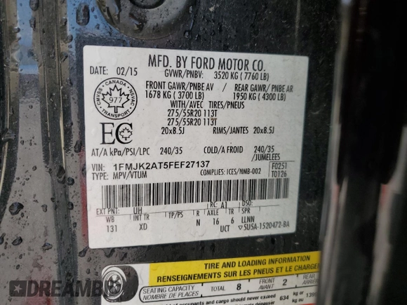 2015 Ford Expedition Max Limited with VIN 1FMJK2AT5FEF27137, listed as a Copart auction lot 63262965 with 113,414 mi miles and Salvage title. Bid and sale history available at DreamBid. Image 14.