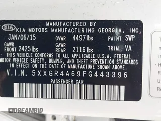 2015 Kia Optima SX Turbo with VIN 5XXGR4A69FG443396, listed as a IAAI auction lot 42464162 with 118,094 mi miles and . Bid and sale history available at DreamBid. Image 9.