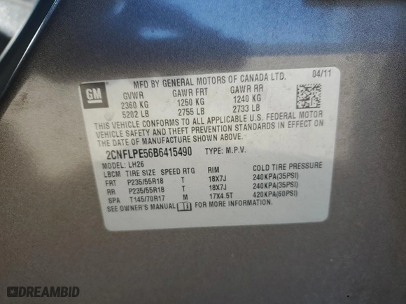2011 Chevrolet Equinox LT w/2LT with VIN 2CNFLPE56B6415490, listed as a Copart auction lot 45859655 with 212,405 mi miles and Salvage Title. Bid and sale history available at carsss.com. Image 12.