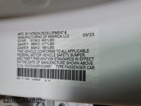 2023 Acura Integra with VIN 19UDE4H25PA026857, listed as a Copart auction lot 52231835 with 23,958 mi miles and Salvage title. Bid and sale history available at DreamBid. Image 14.