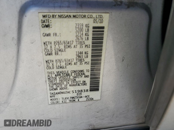 2010 Nissan Xterra S with VIN 5N1AN0NU2AC519838, listed as a Copart auction lot 57301355 with 129,990 mi miles and Salvage title. Bid and sale history available at DreamBid. Image 14.