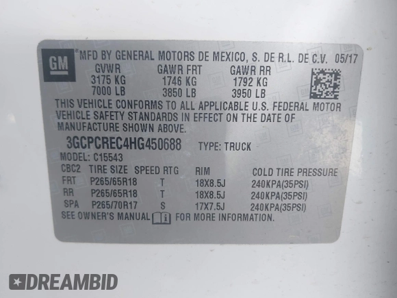 2017 Chevrolet Silverado 1500 LT with VIN 3GCPCREC4HG450688, listed as a IAAI auction lot 41937564 with 82,267 mi miles. Bid and sale history available at carsss.com. Image 9.