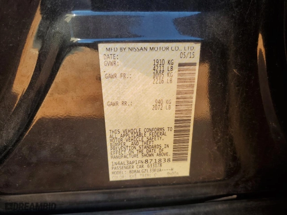 2015 Nissan Altima 2.5 S with VIN 1N4AL3AP1FN871838, listed as a Copart auction lot 50747535 with 144,433 mi miles and Salvage Title. Bid and sale history available at carsss.com. Image 12.