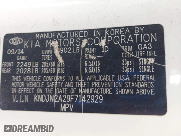 2015 Kia Soul with VIN KNDJN2A29F7142929, listed as a IAAI auction lot 41901611 with Not Provided miles and . Bid and sale history available at DreamBid. Image 9.