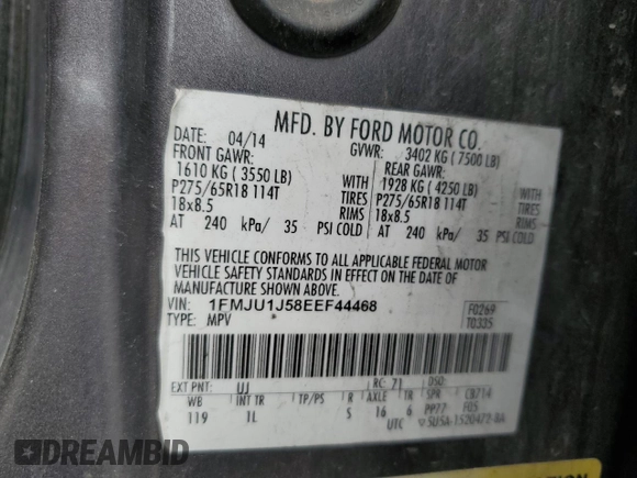 2014 Ford Expedition King Ranch with VIN 1FMJU1J58EEF44468, listed as a Copart auction lot 56375275 with 214,801 mi miles and Salvage title. Bid and sale history available at DreamBid. Image 13.
