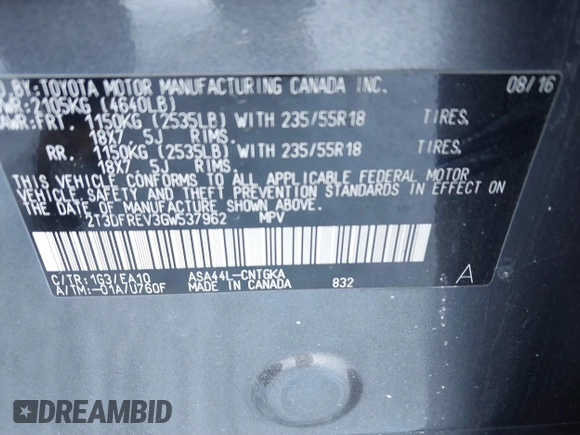 2016 Toyota RAV4 Limited with VIN 2T3DFREV3GW537962, listed as a IAAI auction lot 41408320 with 73,310 mi miles and . Bid and sale history available at DreamBid. Image 9.