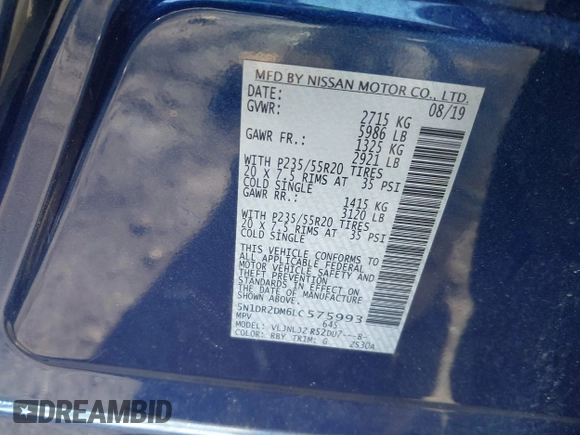 2020 Nissan Pathfinder Platinum with VIN 5N1DR2DM6LC575993, listed as a IAAI auction lot 41418213 with 39,525 mi miles. Bid and sale history available at carsss.com. Image 9.