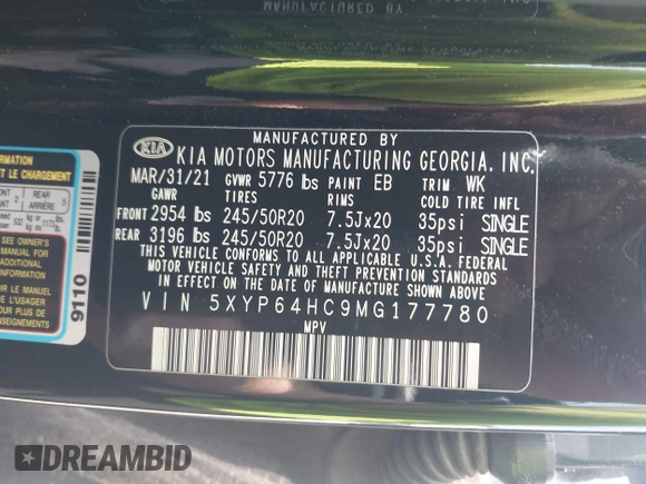 2021 Kia Telluride S with VIN 5XYP64HC9MG177780, listed as a IAAI auction lot 42510581 with 55,900 mi miles and . Bid and sale history available at DreamBid. Image 9.
